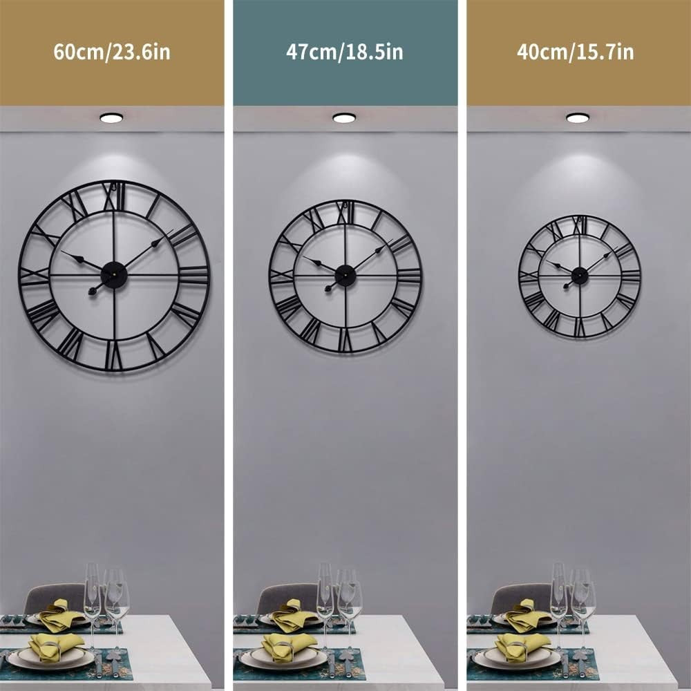 40cm Large Roman Numeral Wall Clock Black Metal Silent Quartz Modern Decor