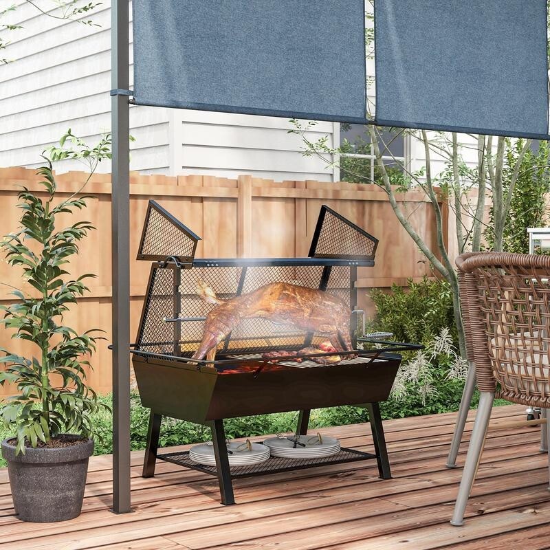 3-in-1 BBQ Grill Fire Pit with Rotisserie, Mesh Lid, Poker & Cover Outdoor