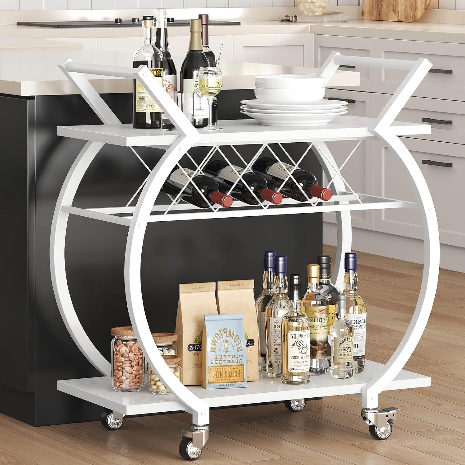 Rolling Bar Cart Drinks Trolley on Wheels Wine Rack Lockable Modern White