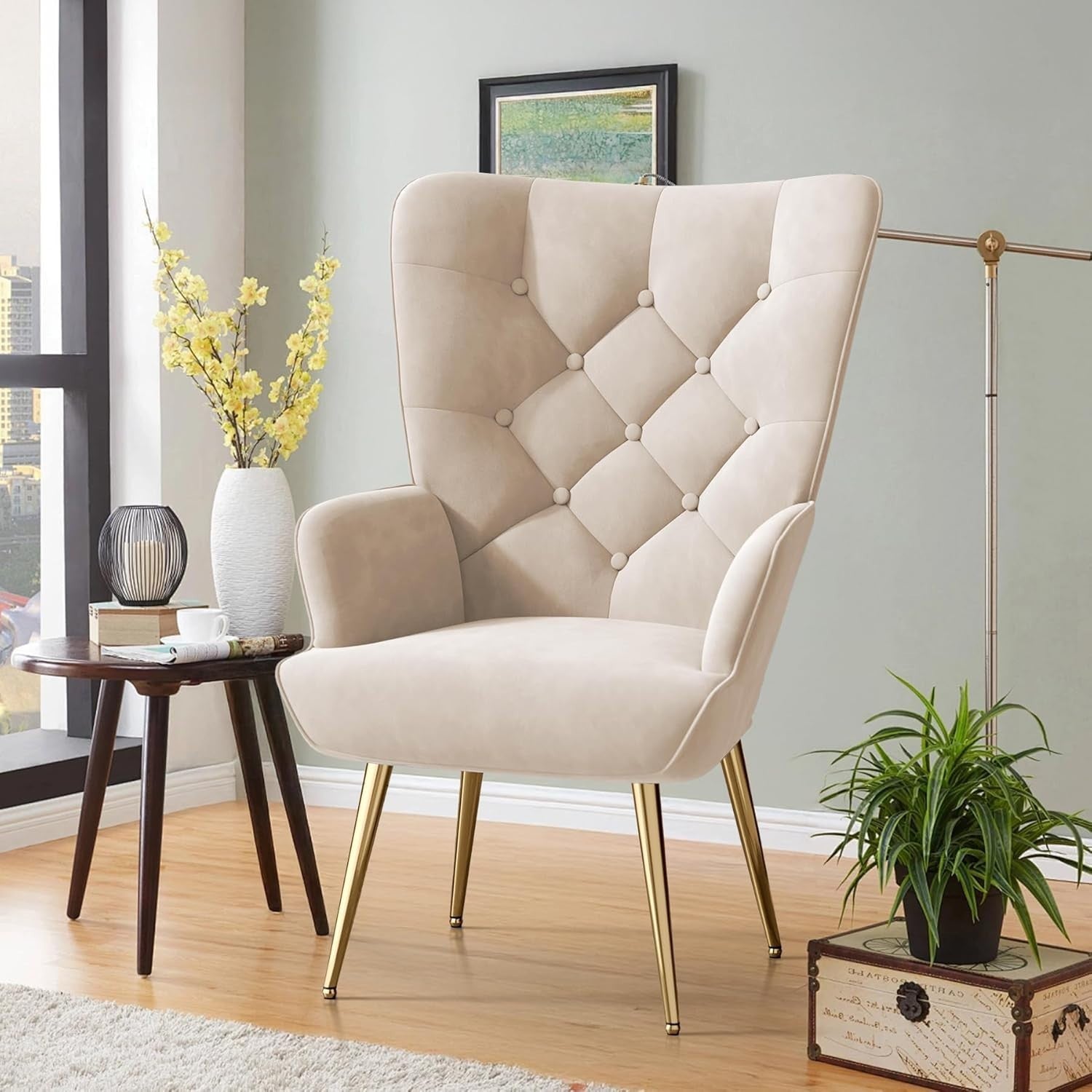 Beige Velvet Wing Back Chair High Back Memory Foam Gold Legs Living Room