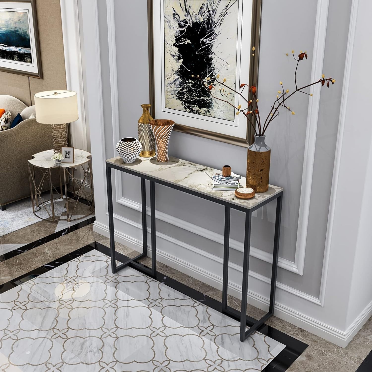 Slim Marble Console Table White Gold 100cm Entryway Desk Metal Legs Modern