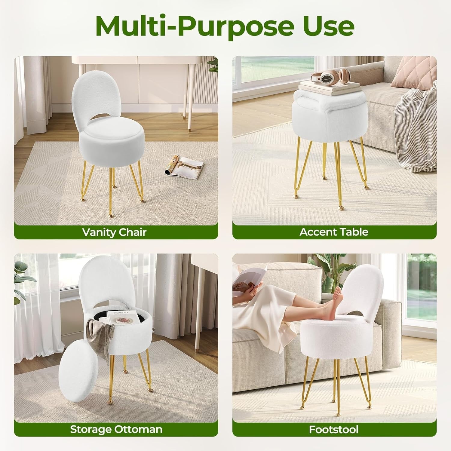 White Velvet Vanity Chair Large with Storage Foldable Backrest Footstool