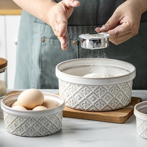 Ceramic Mixing Bowls with Airtight Lids Nesting Salad Prep Storage Set