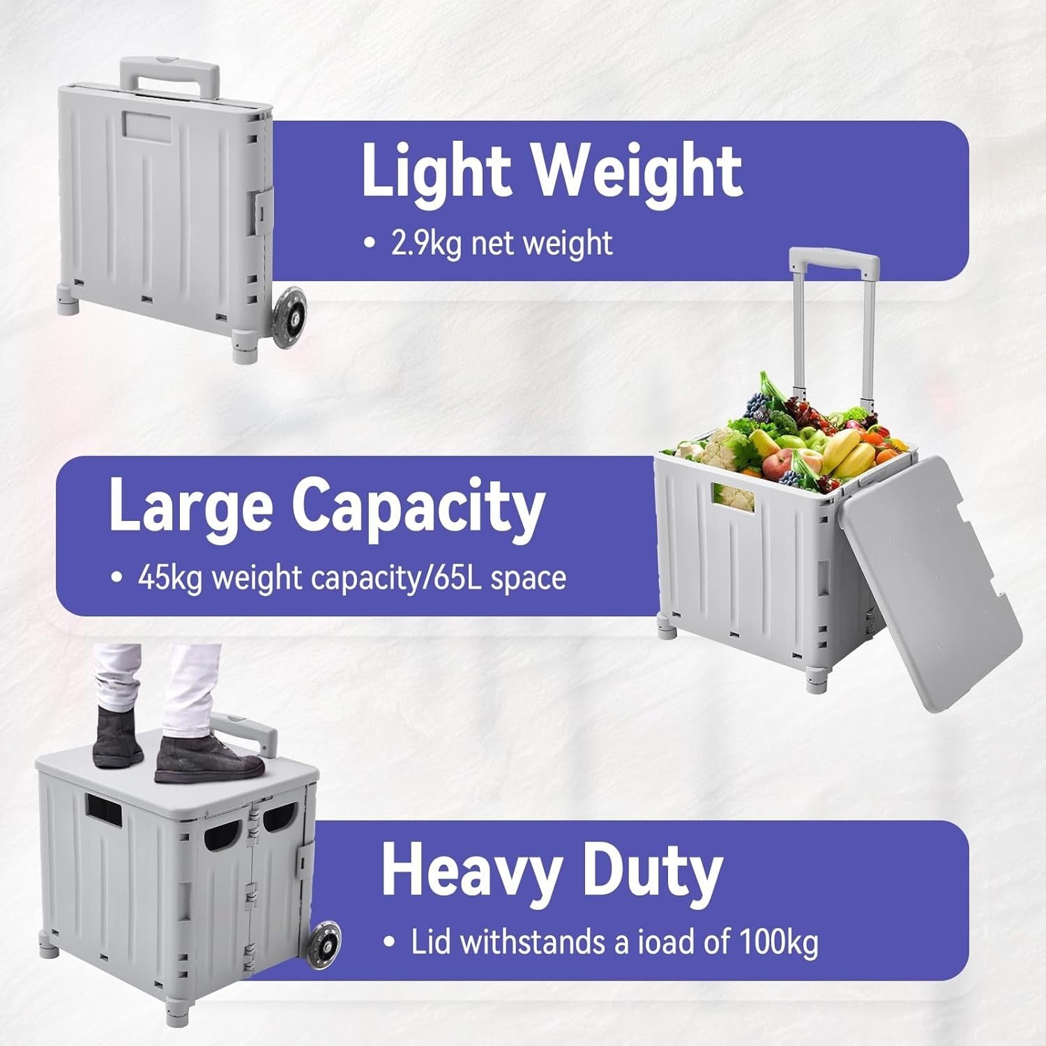 65L Foldable Shopping Trolley with Lid Wheels Utility Cart Grey