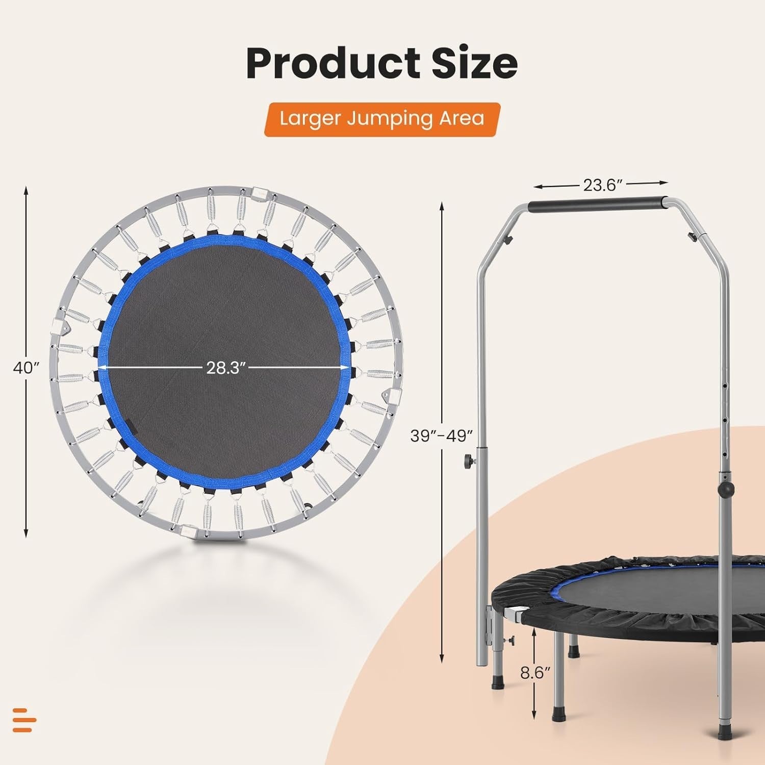 40in Foldable Fitness Rebounder Adjustable Handle Indoor Cardio