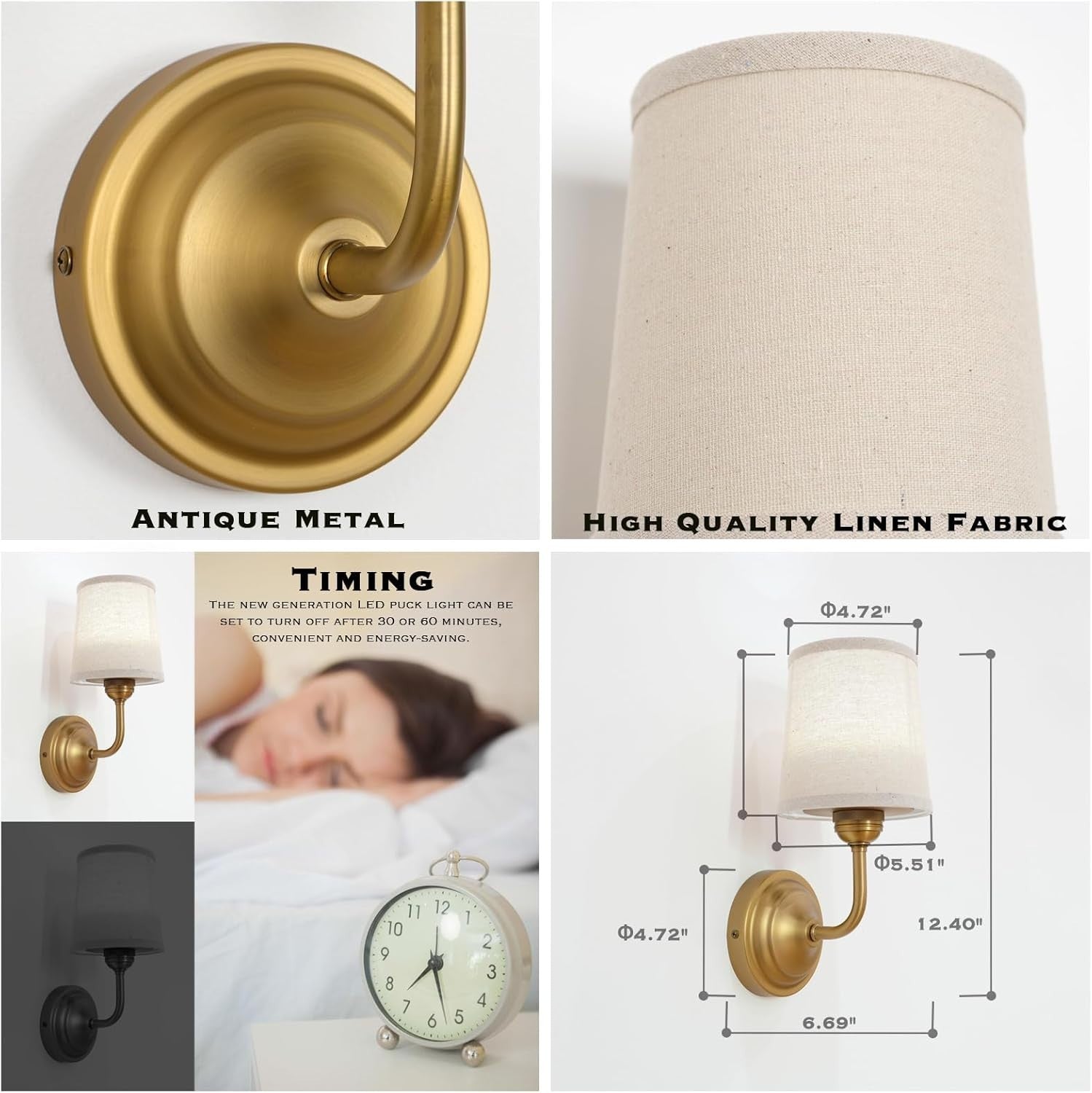 Vintage Wall Sconce Light Set 2x Battery Operated Dimmable Linen Lamps