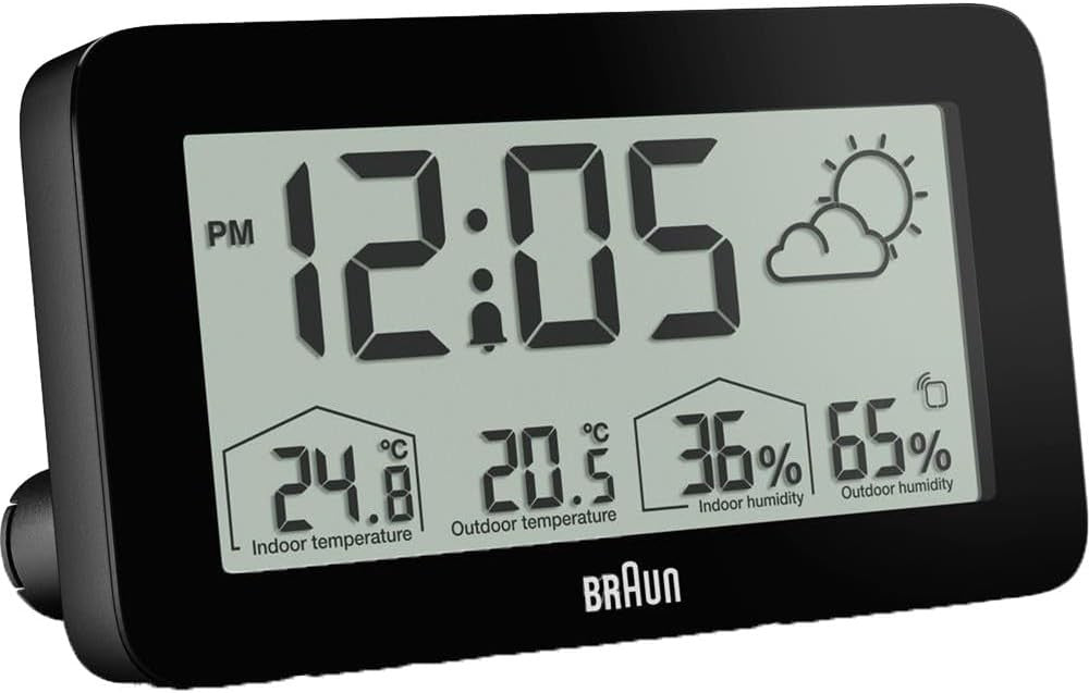 Black Digital Weather Station Clock Indoor Outdoor Temp Humidity Forecast