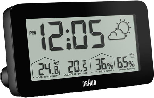 Black Digital Weather Station Clock Indoor Outdoor Temp Humidity Forecast