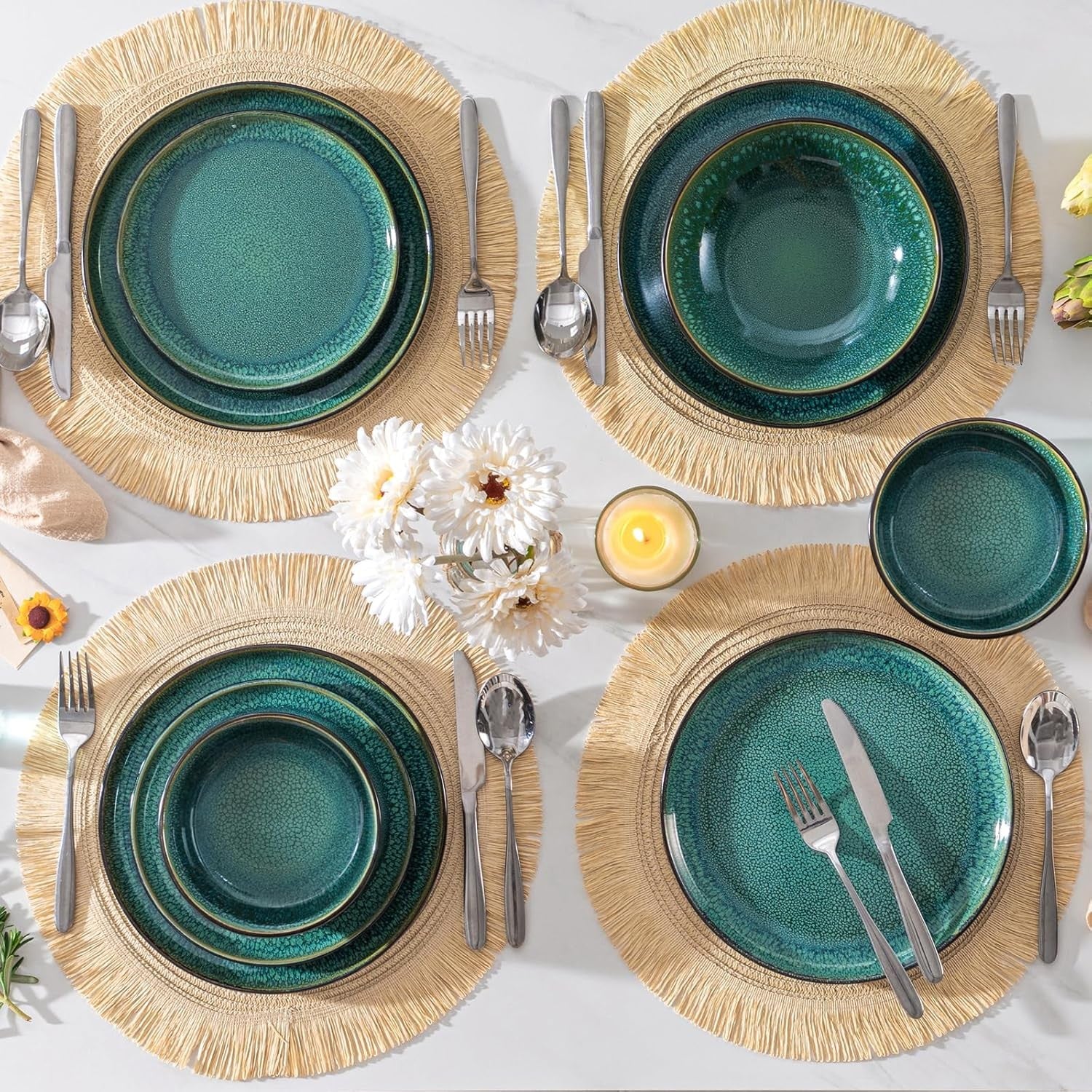 48pc Green Dinner Set Plates Bowls Stoneware Reactive Glaze Service for 12