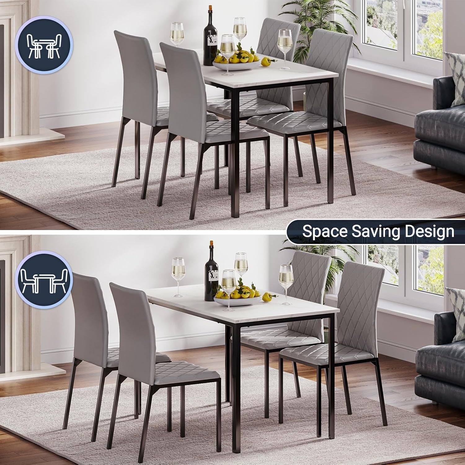 Modern Marble Dining Table Set 4 PU Leather Chairs Grey Kitchen Furniture