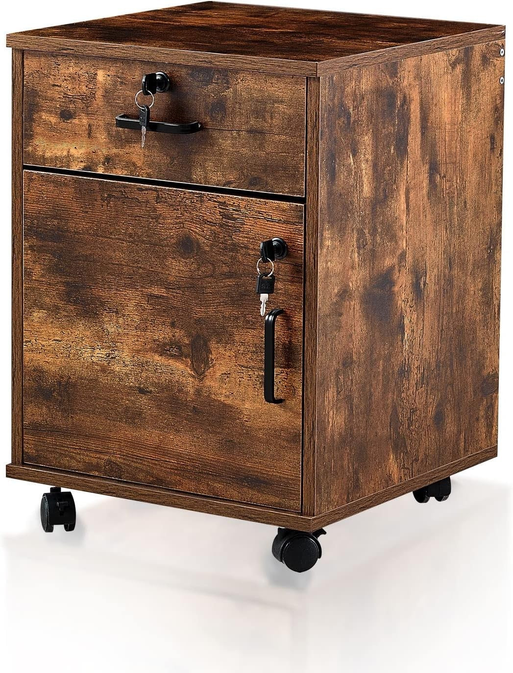 Rustic Brown Mobile File Cabinet 40cm Lockable Under Desk Storage