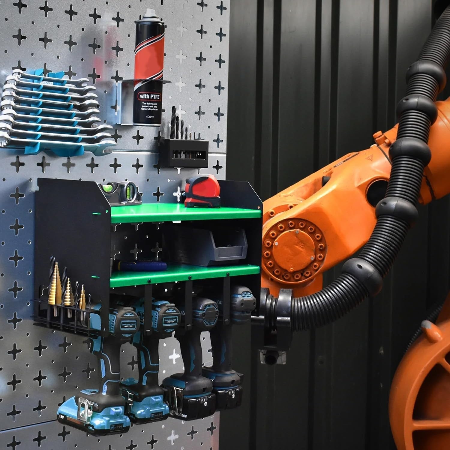 Wall Mount Drill Rack 39.5W x 23D x 30.5H cm – Green Tool Storage Unit