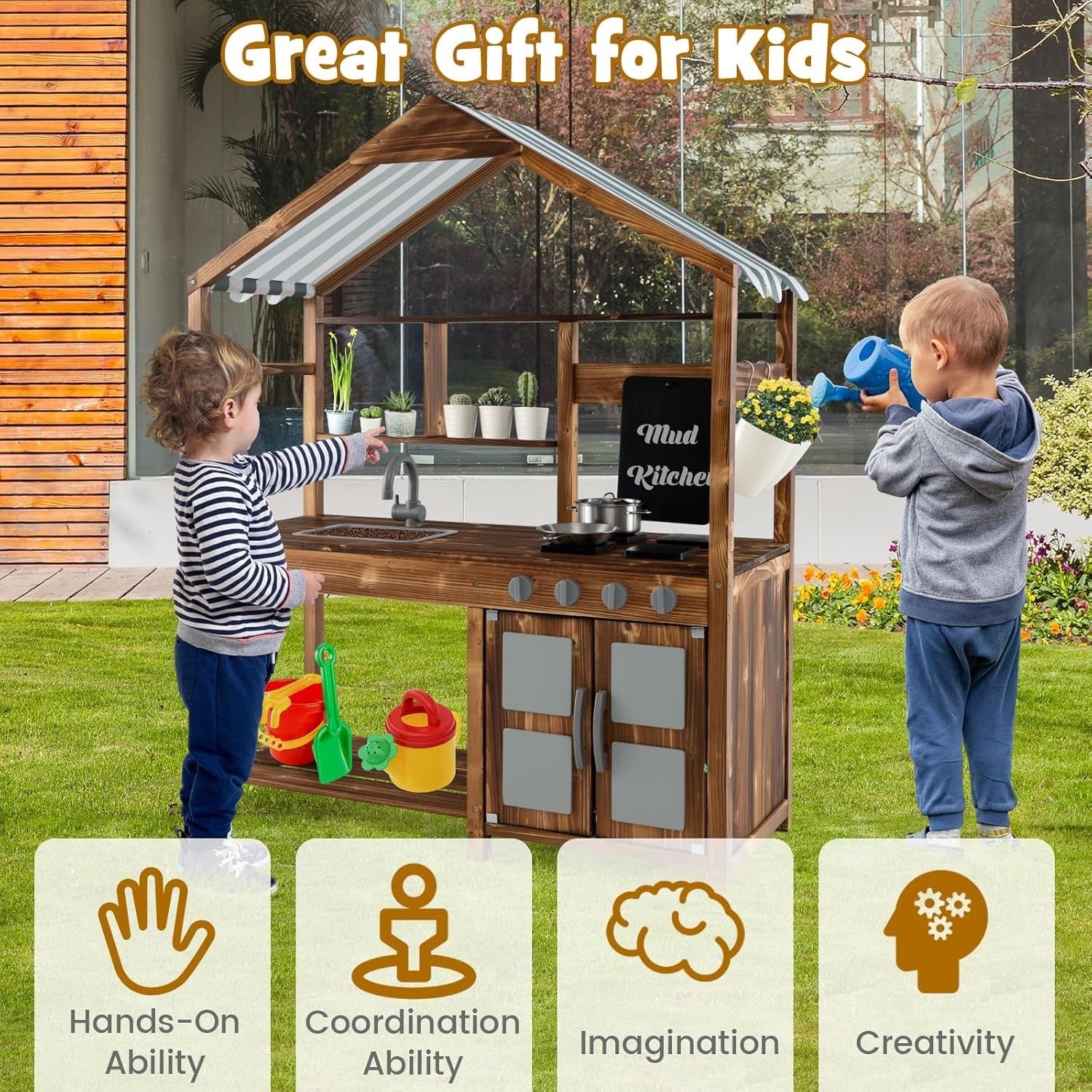 Outdoor Mud Kitchen Kids Wooden Playset w/ Canopy Sink Chalkboard
