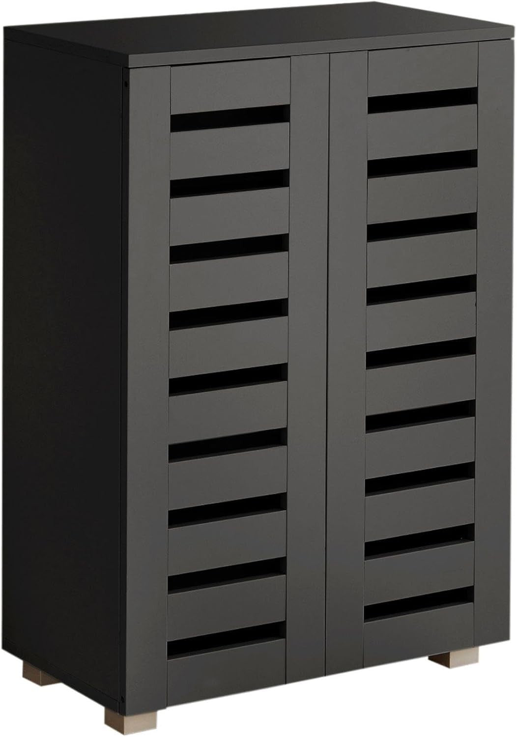 Black Wooden Shoe Cabinet with Slatted Doors, 2 Door Storage Cupboard Unit