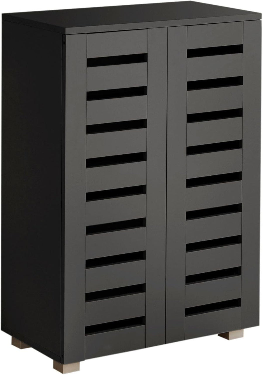 Black Wooden Shoe Cabinet with Slatted Doors, 2 Door Storage Cupboard Unit