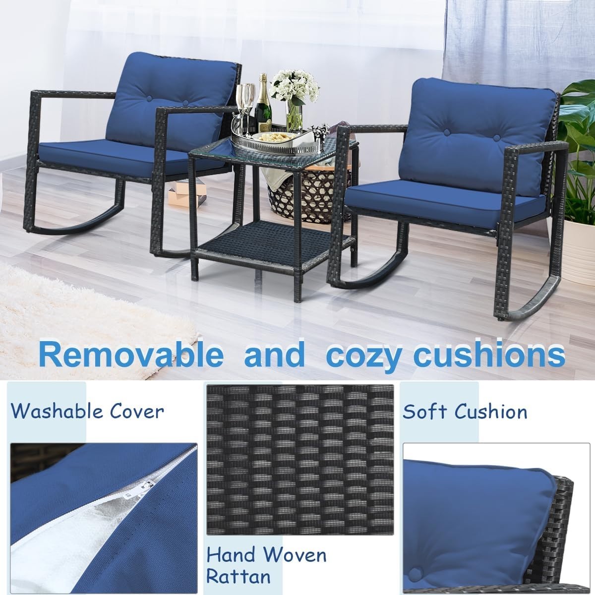 Rocking Rattan Bistro Set 3PC Patio Chairs with Two Tier Glass Table Cushions