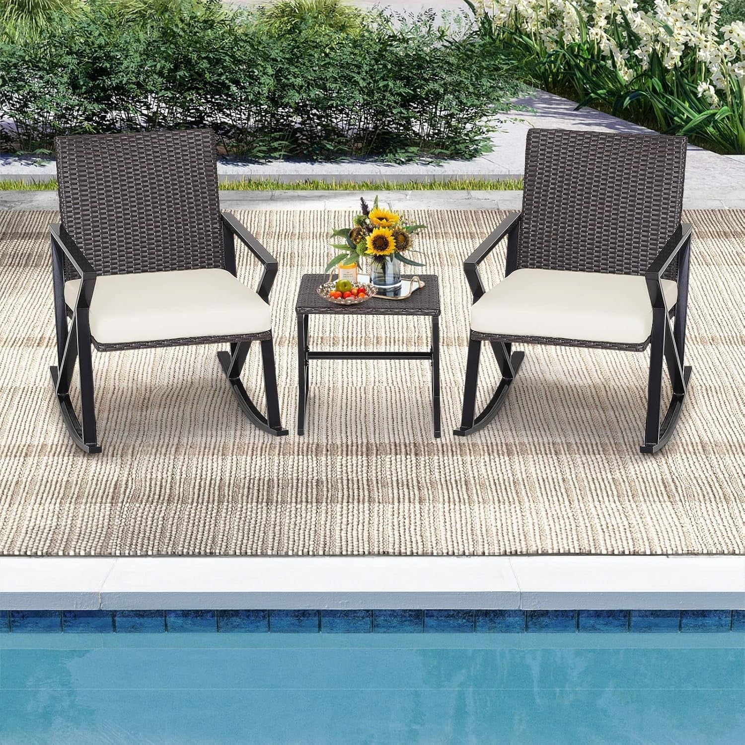 3-Piece Outdoor Patio Rattan Bistro Set Rocking Chairs with Cushions & Table