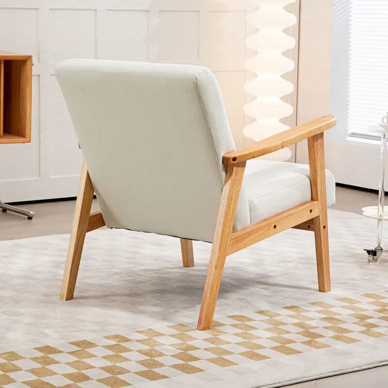 Cream Linen Accent Armchair with Wooden Frame for Living Room or Office