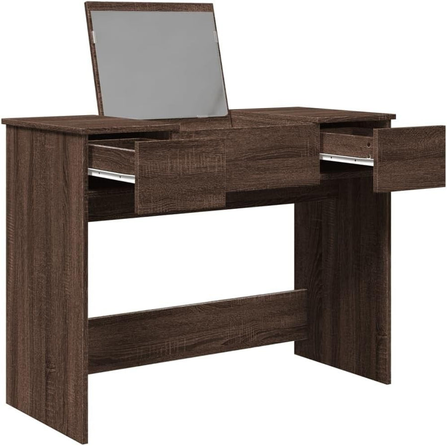 Brown Oak Dressing Table Vanity Desk with Mirror Makeup Storage Engineered Wood