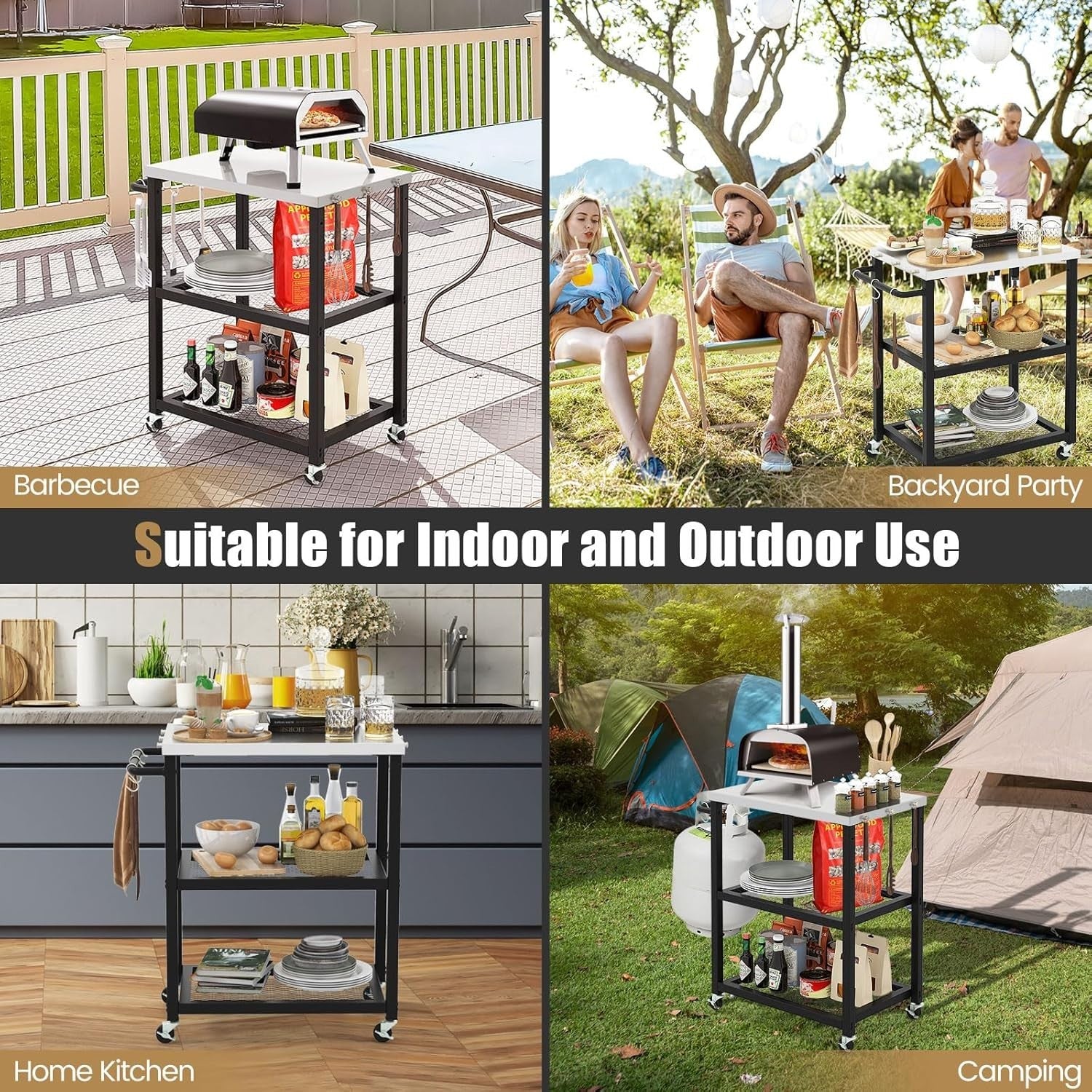 3-Tier Outdoor Grill Cart Pizza Oven Stand Stainless Steel Top BBQ Trolley 72x41