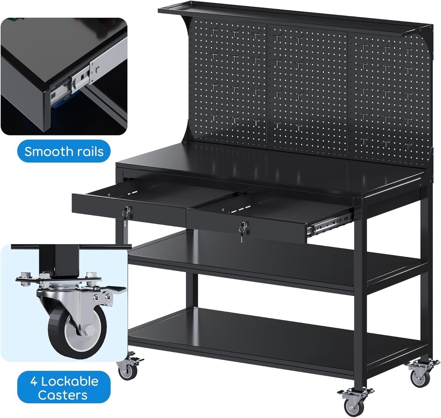 Mobile Heavy Duty Workbench 500kg Pegboard Wheels Lockable Drawers 1500x1000mm