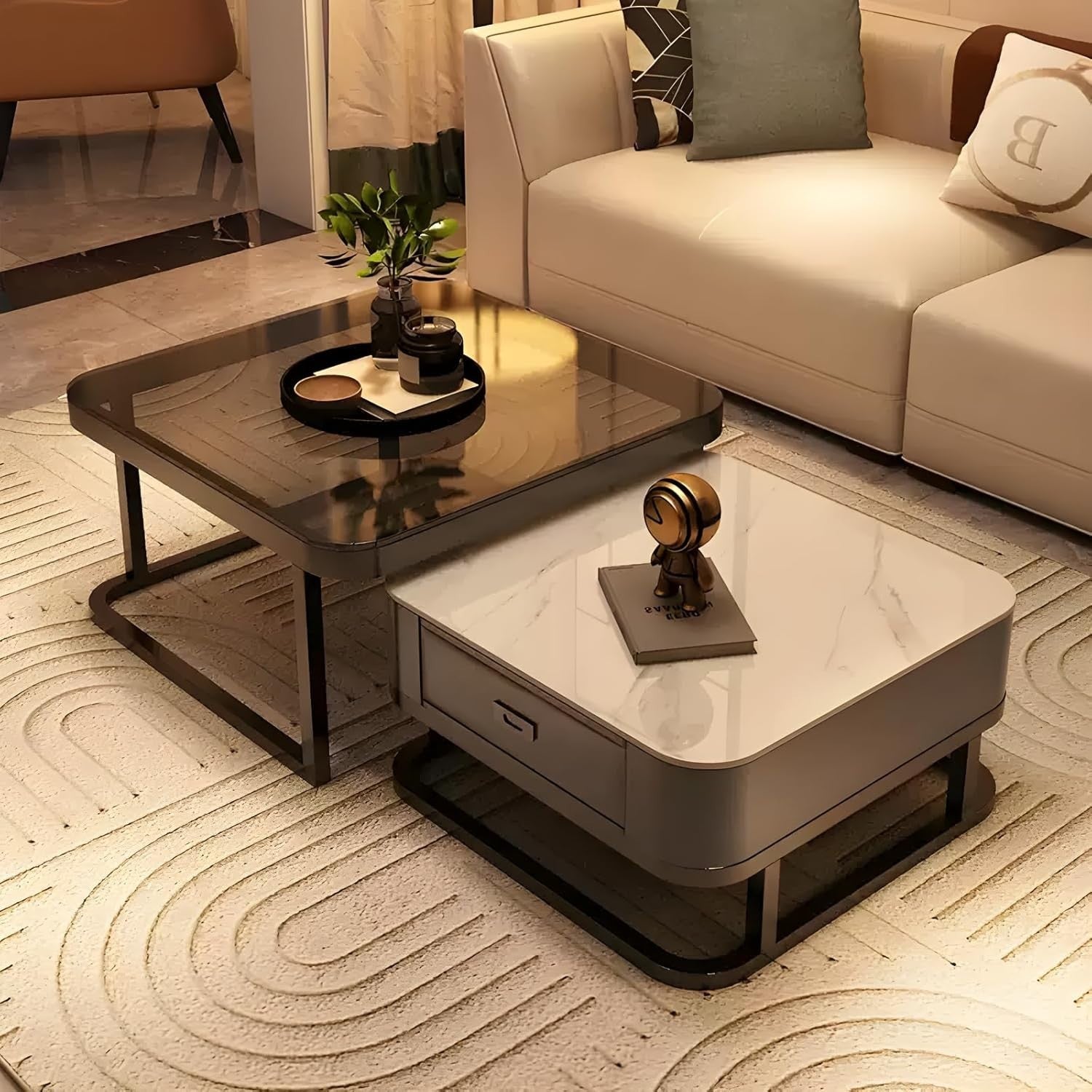 2-in-1 Nesting Coffee Table Set w/ Storage Drawer, Square Marble & Glass Top