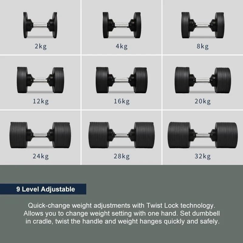 32kg Adjustable Dumbbell Pair 9-in-1 Easy Lock Cast Iron Home Gym