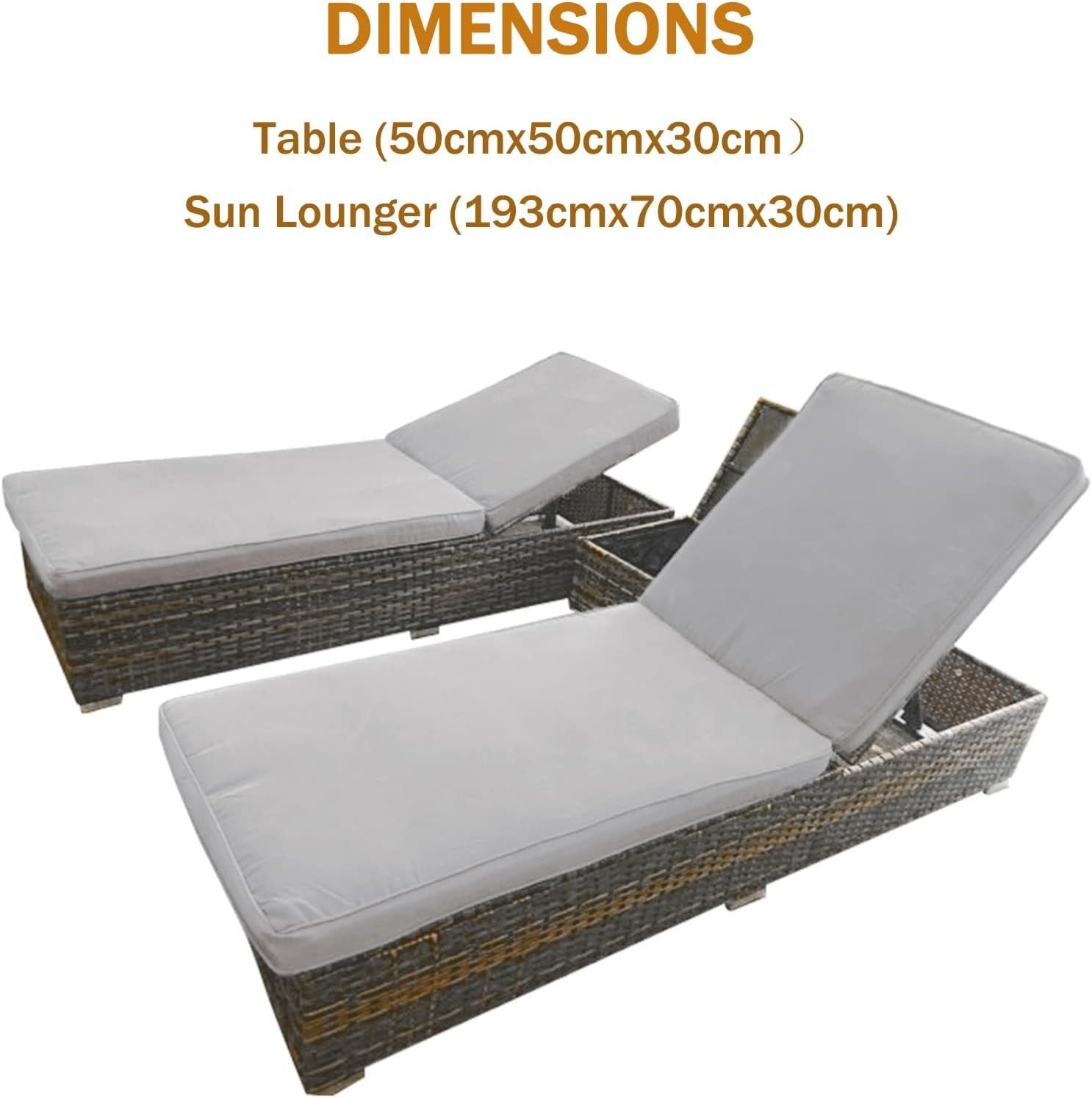 3-Piece Rattan Sun Lounger Set with Cushions & Storage Table, Adjustable Back