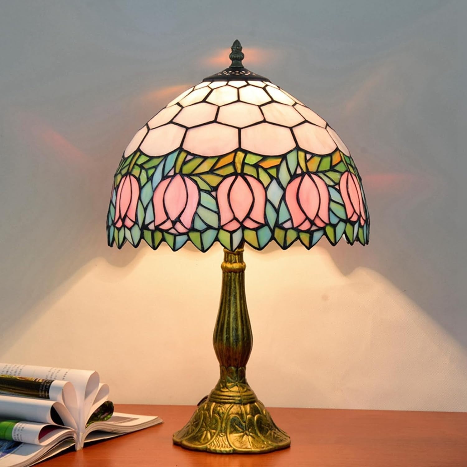 Pink Tulip Tiffany Table Lamp Stained Glass 18" High Bedside Light
