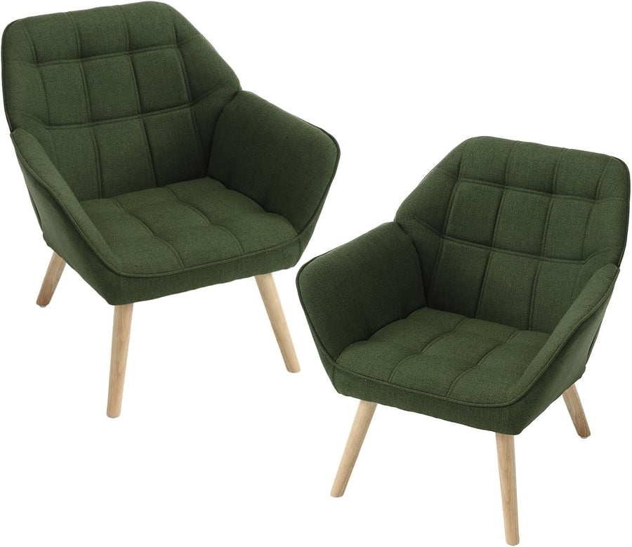 2x Green Linen Accent Armchairs Wing Back Wood Legs for Living Room Sofa