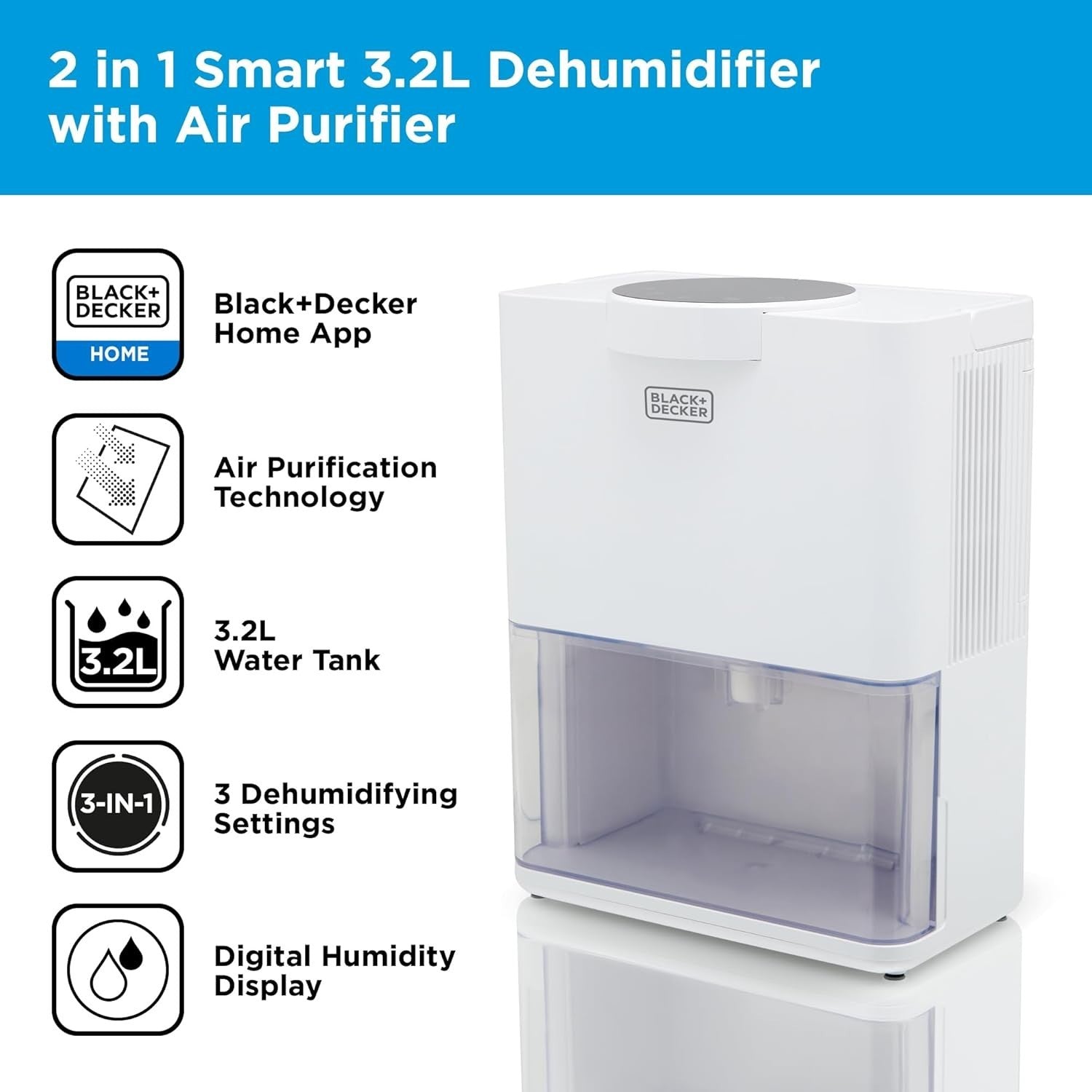 Smart Dehumidifier Air Purifier HEPA Quiet 3.2L Tank Timer App Control