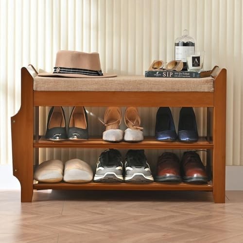 2 Tier Bamboo Shoe Bench with Cushion Hidden Drawer Entryway Storage Seat