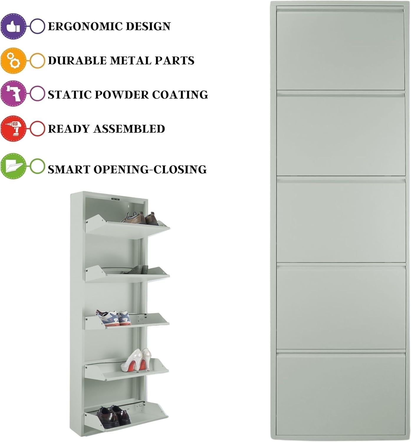 Tall Slim Shoe Storage Cabinet Grey – 5-Tier Metal Wall Mounted Rack