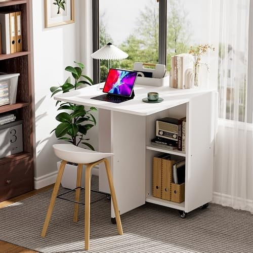 White Folding Drop Leaf Dining Table with Storage Drawer Shelves Space Saving