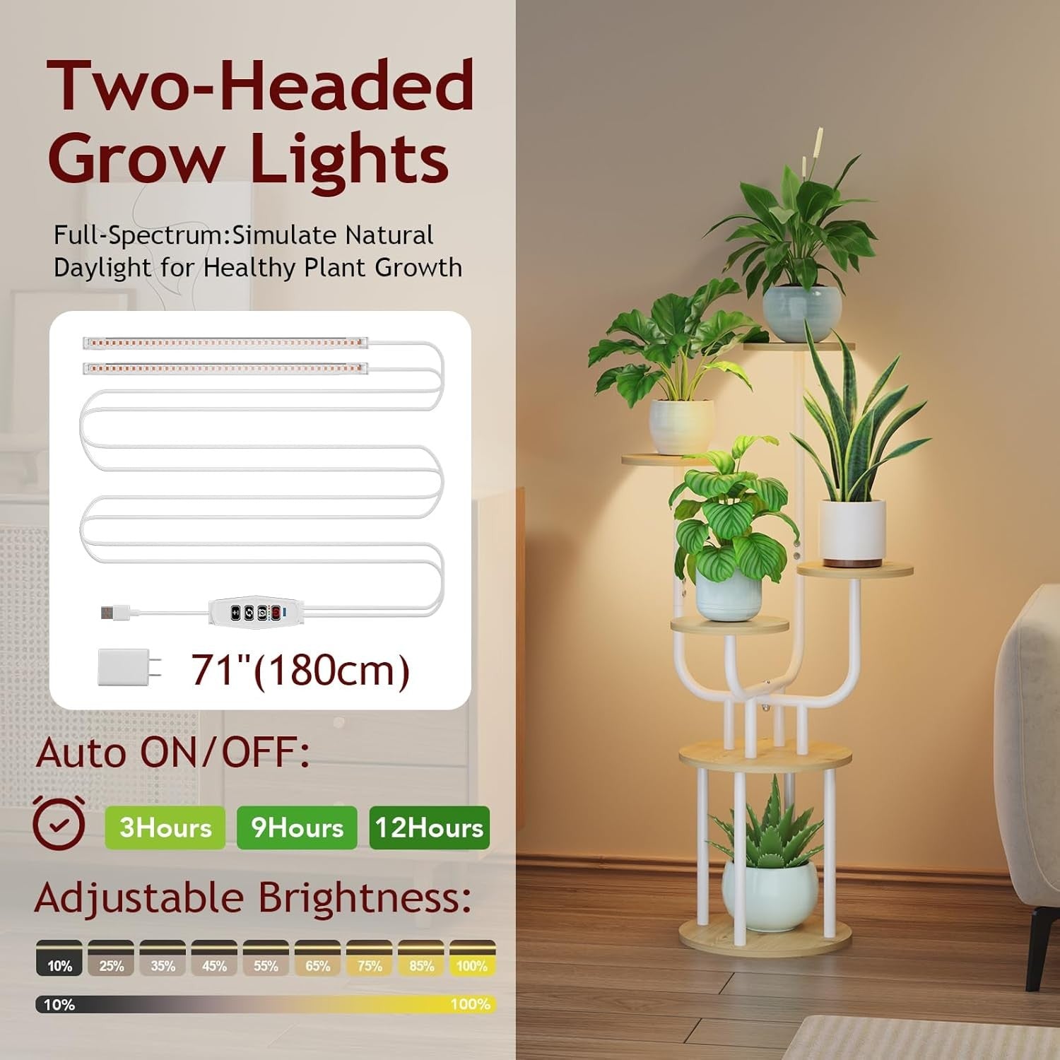 6 Tier Metal Wood Plant Stand White with Grow Light Indoor Corner Shelf Rack