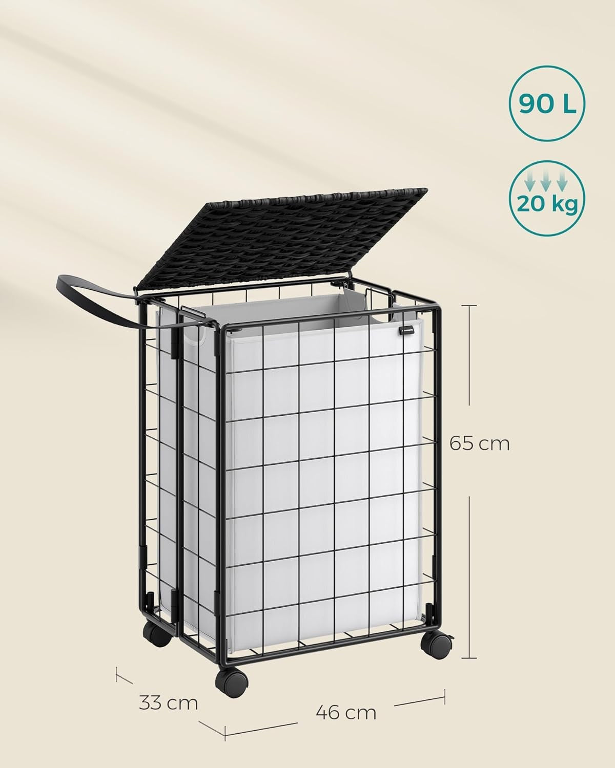 Rolling Laundry Basket with Lid & Wheels 46x33x65cm Removable Bag Trolley