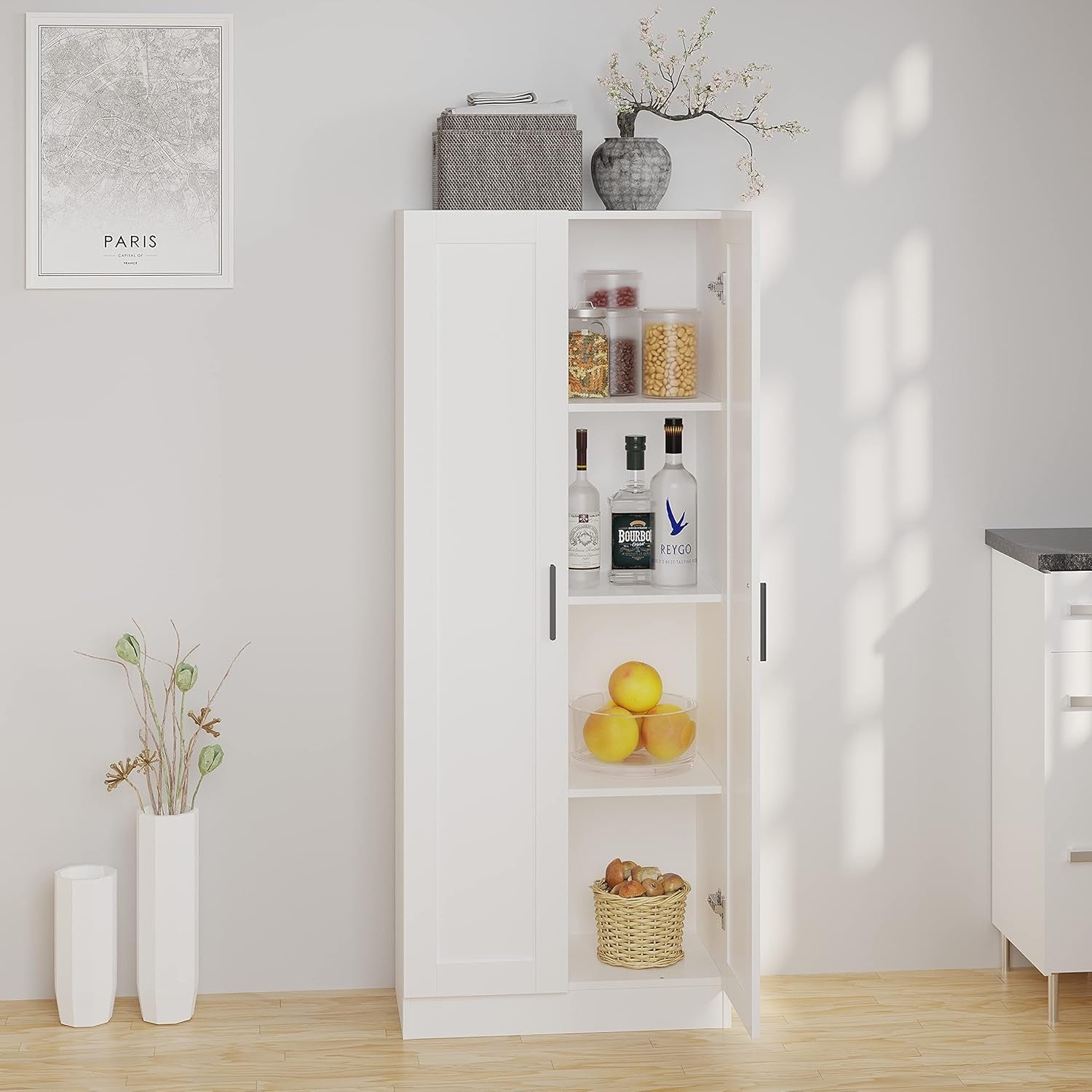 Tall Freestanding Storage Cabinet Cupboard White 2 Door Adjustable Shelves