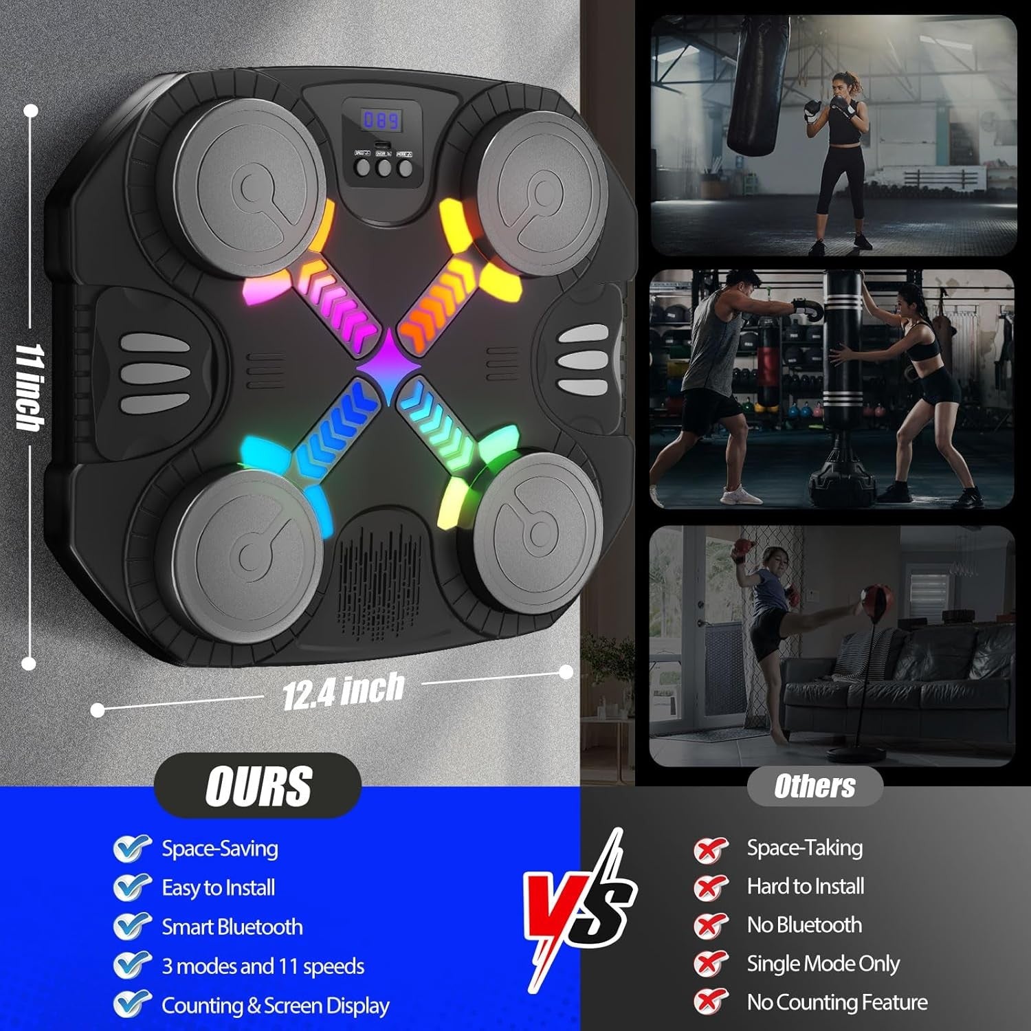 Kids Music Boxing Machine LED Punch Pad Wall Mounted Bluetooth Gloves