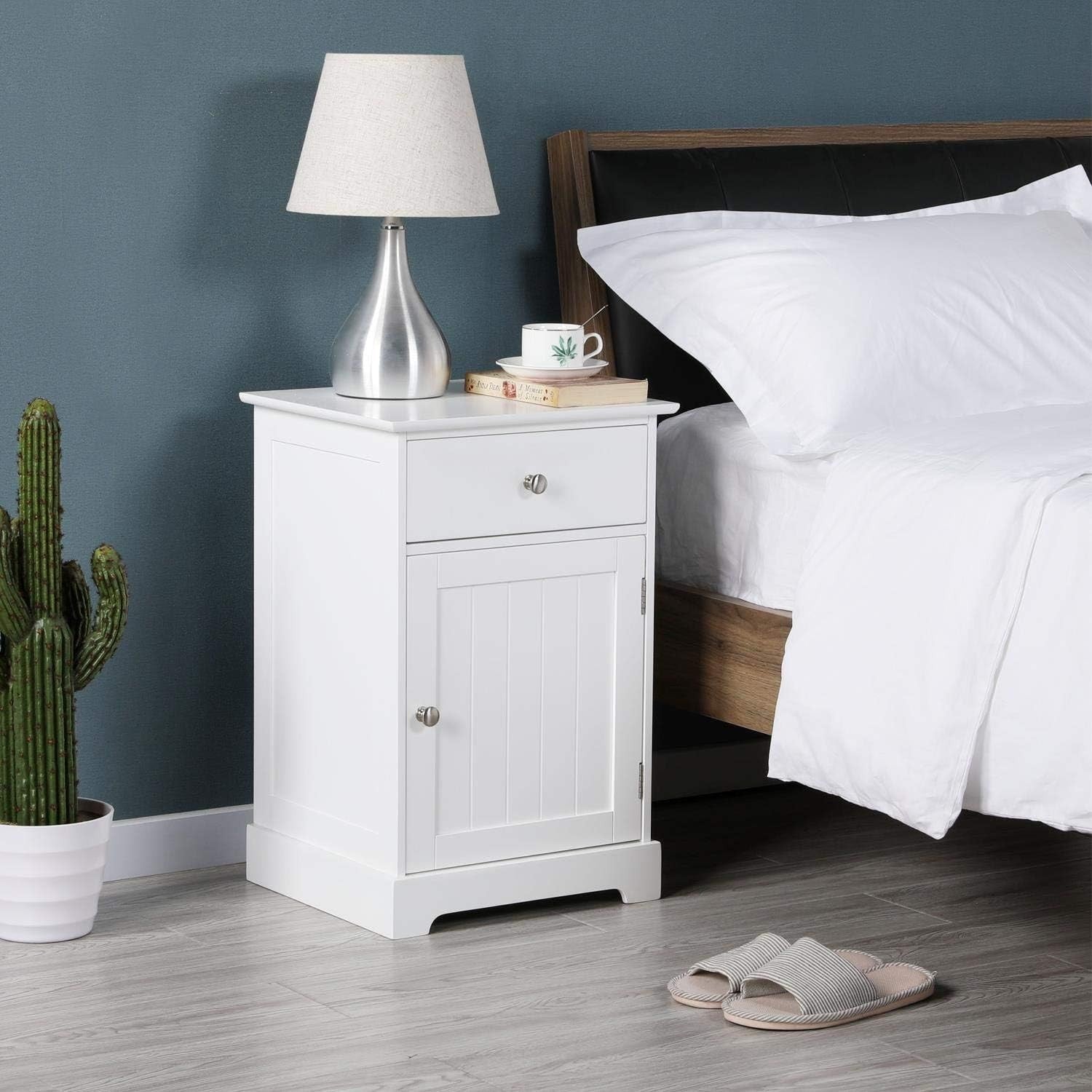 White Wooden Bedside Tables Set of 2 with Drawer & Cupboard
