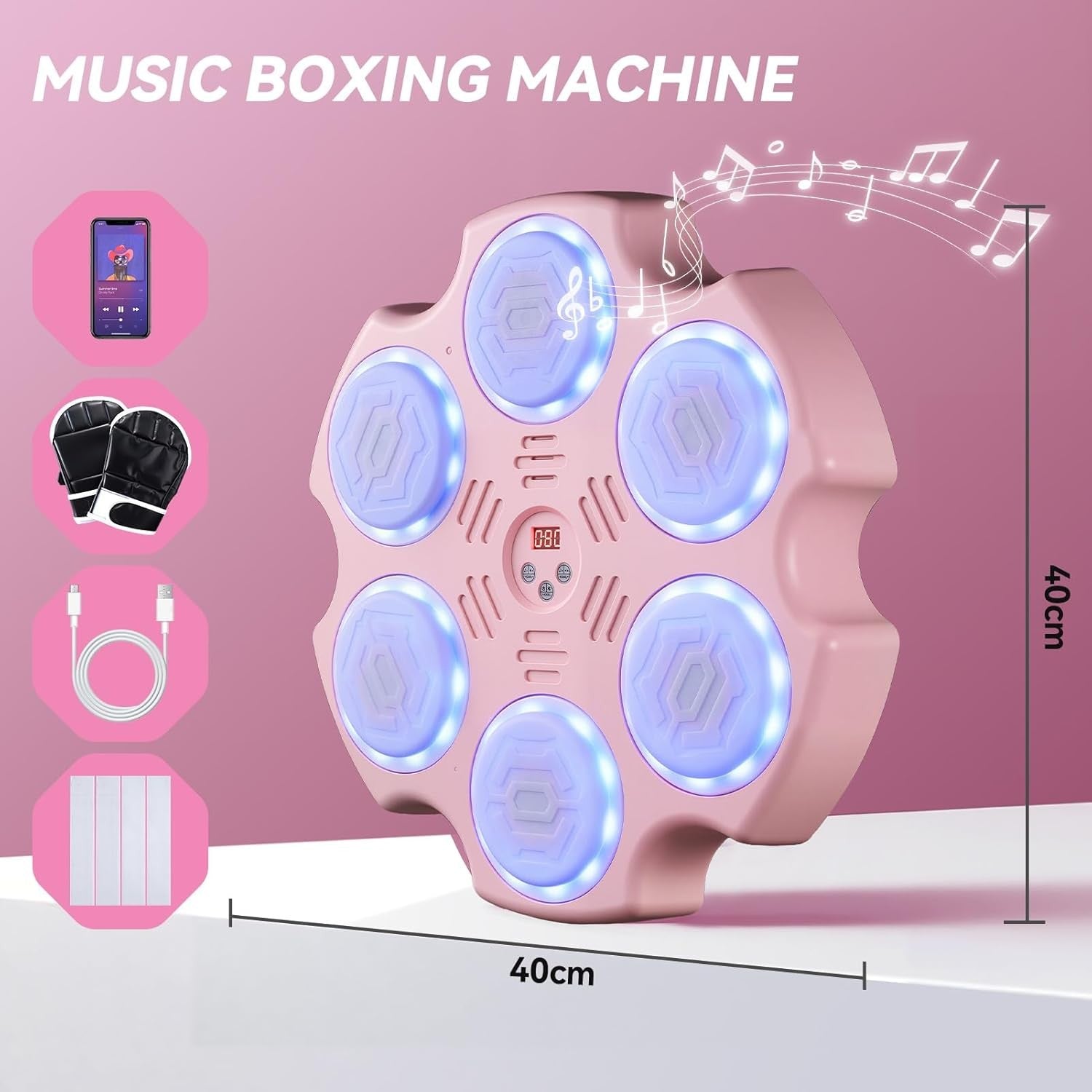 Pink Music Boxing Machine LED Wall Punch Trainer with Gloves for Home Fitness