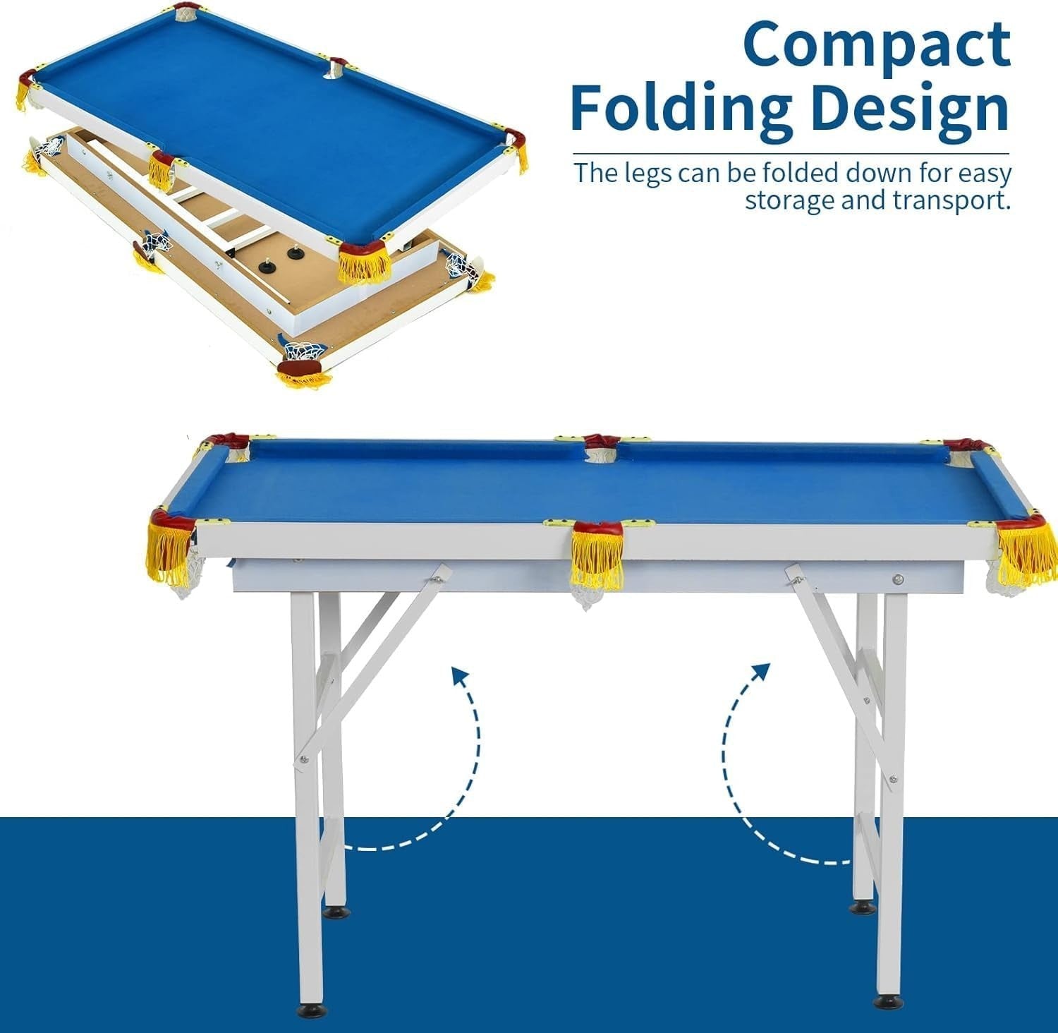 4FT Foldaway Pool Game Table Portable Family Billiards Set Blue