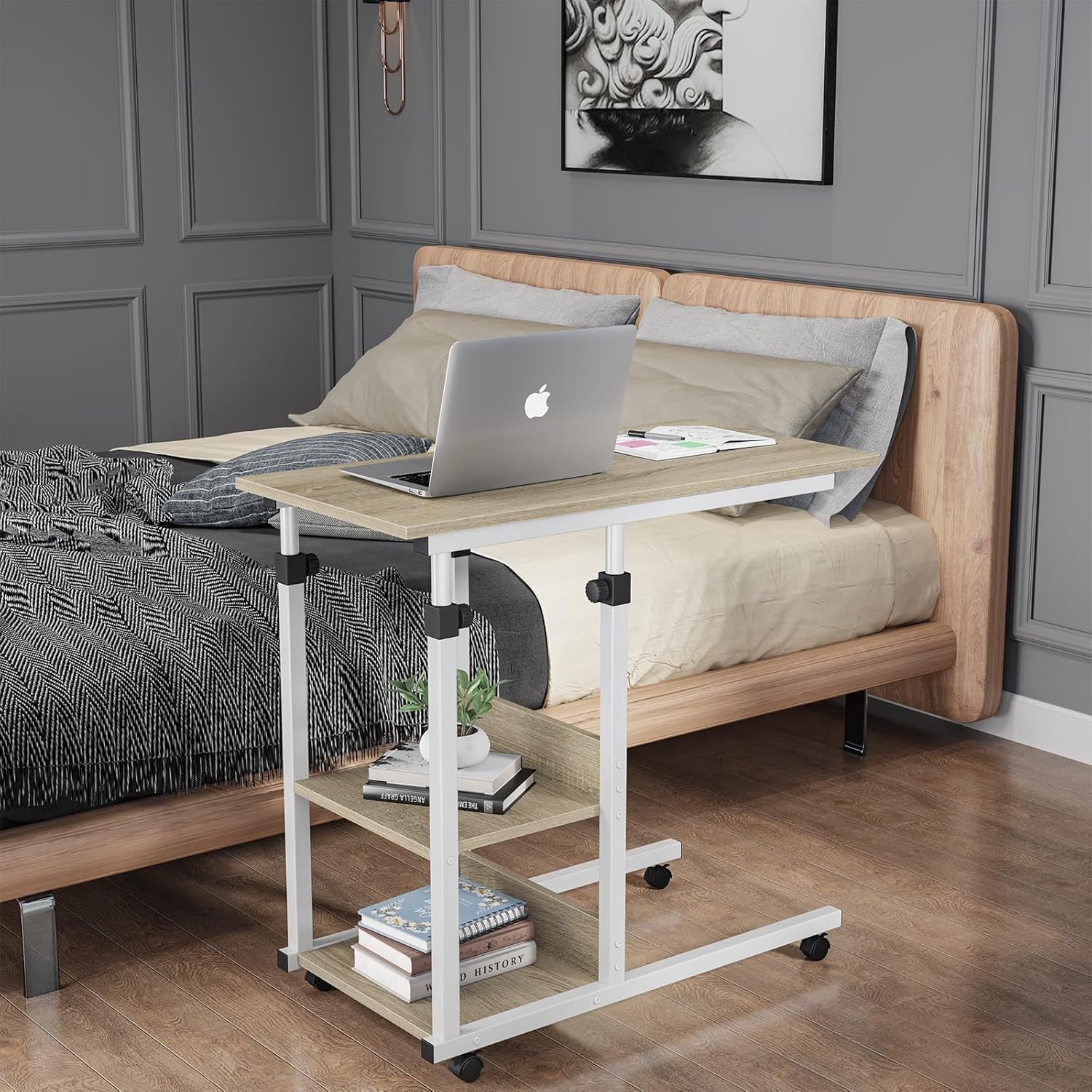 C Shaped Side Table Height Adjustable Sofa Bed Laptop Desk with Wheels