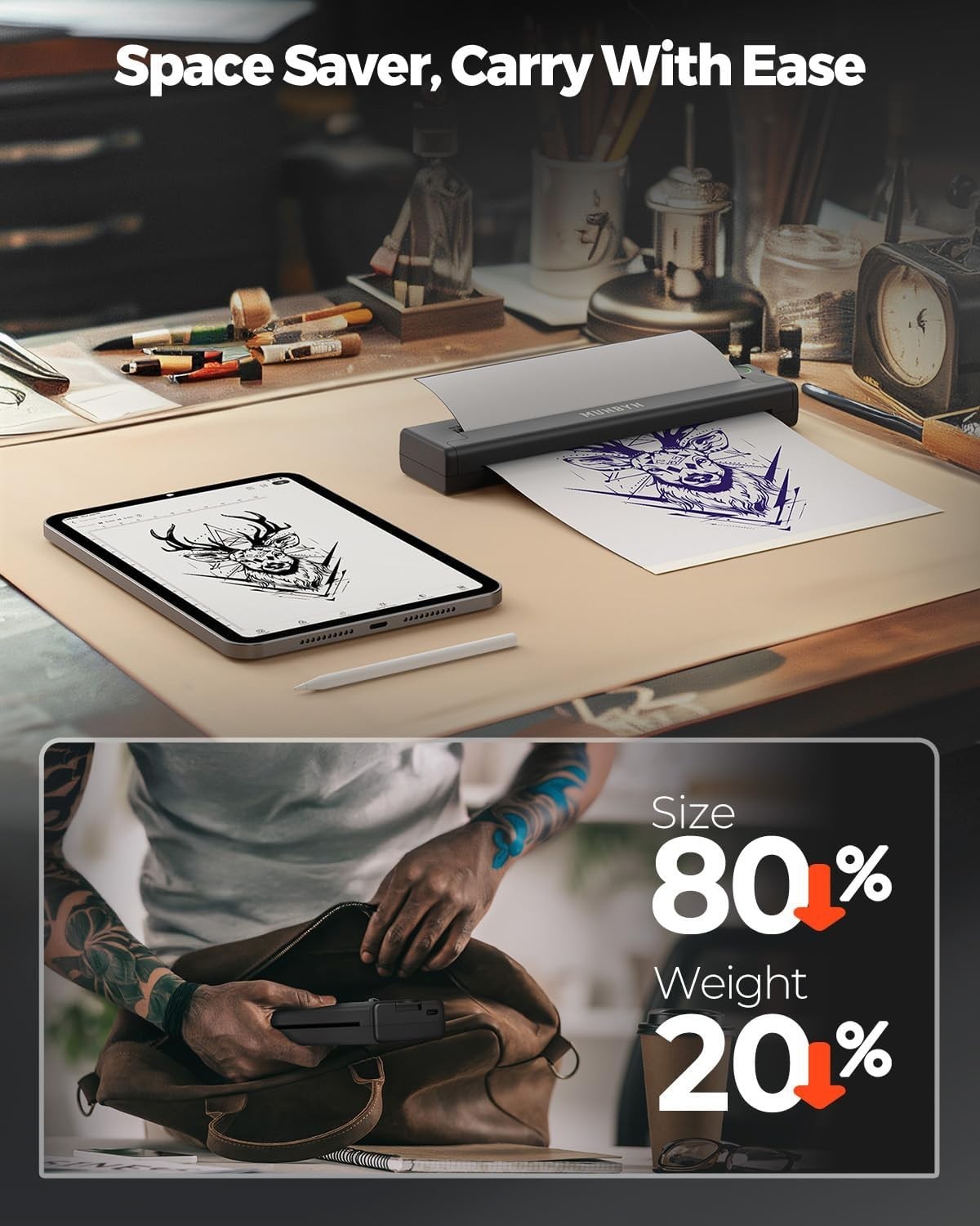 Black Wireless Thermal Tattoo Stencil Printer Portable Kit for Artists
