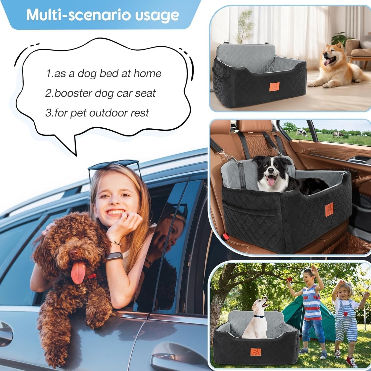 Dog Booster Car Seat Memory Foam Travel Bed Washable 50lb Black Grey