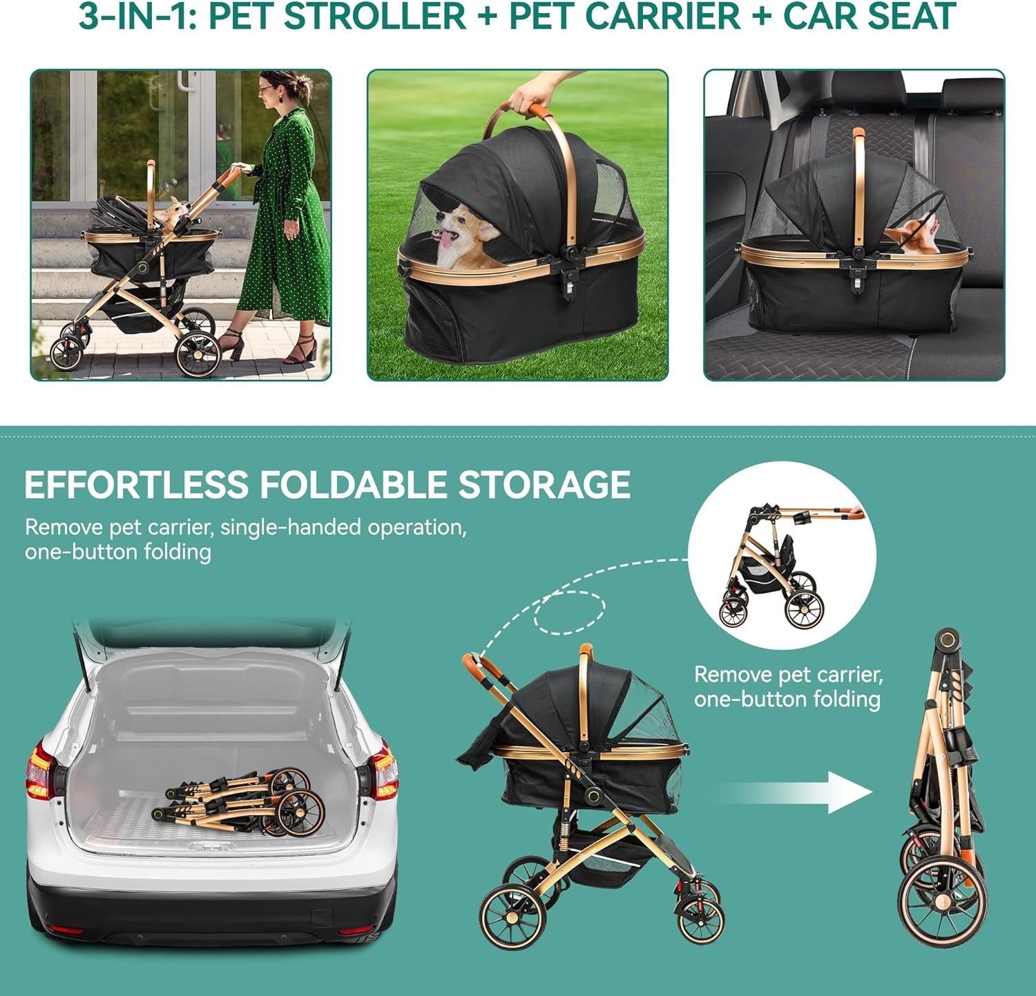 Luxury Pet Stroller 3 in 1 Folding Dog Cat Pram Detachable Carrier Travel
