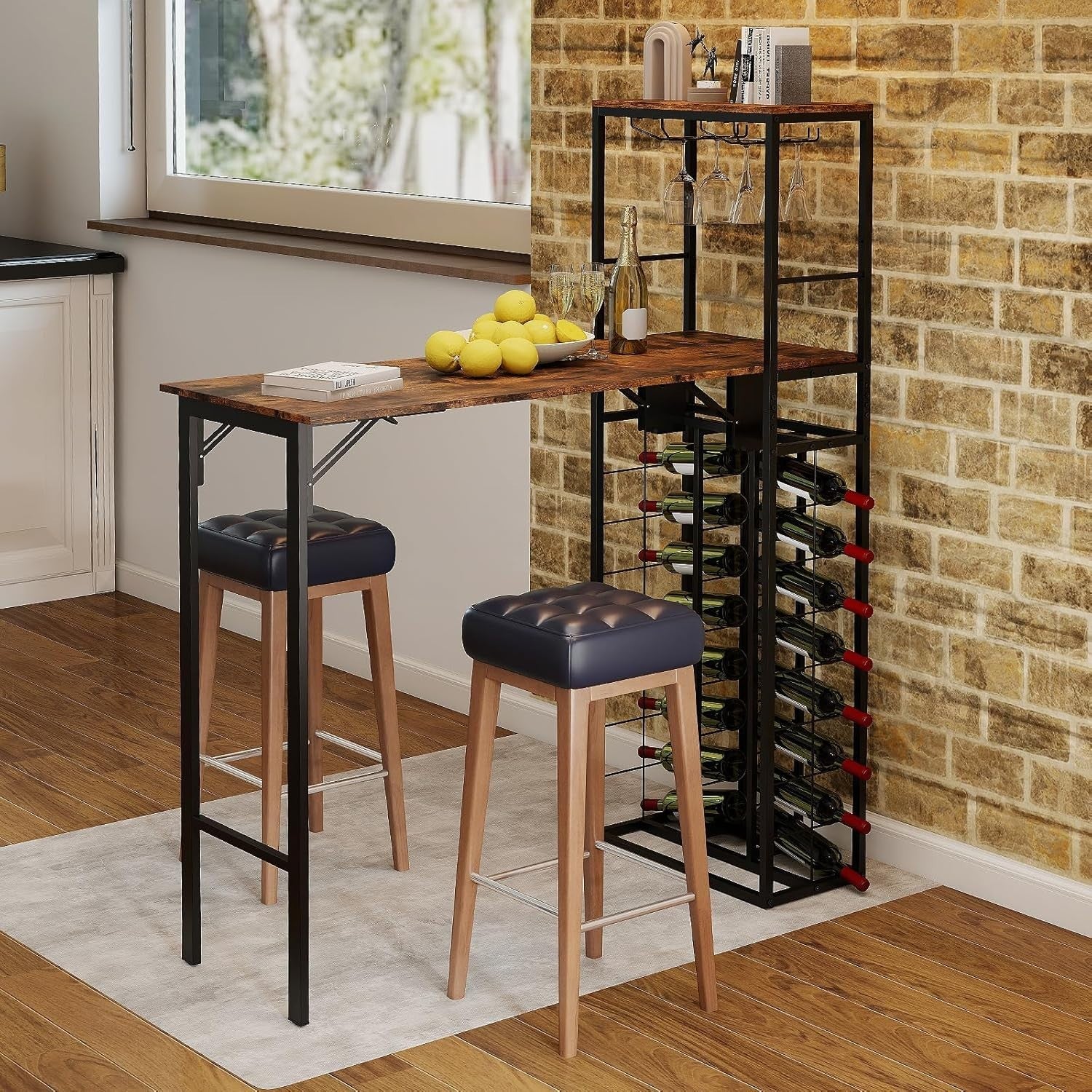 Foldable Bar Dining Table with Wine Rack, 2-Tier Storage, Rustic Brown Metal
