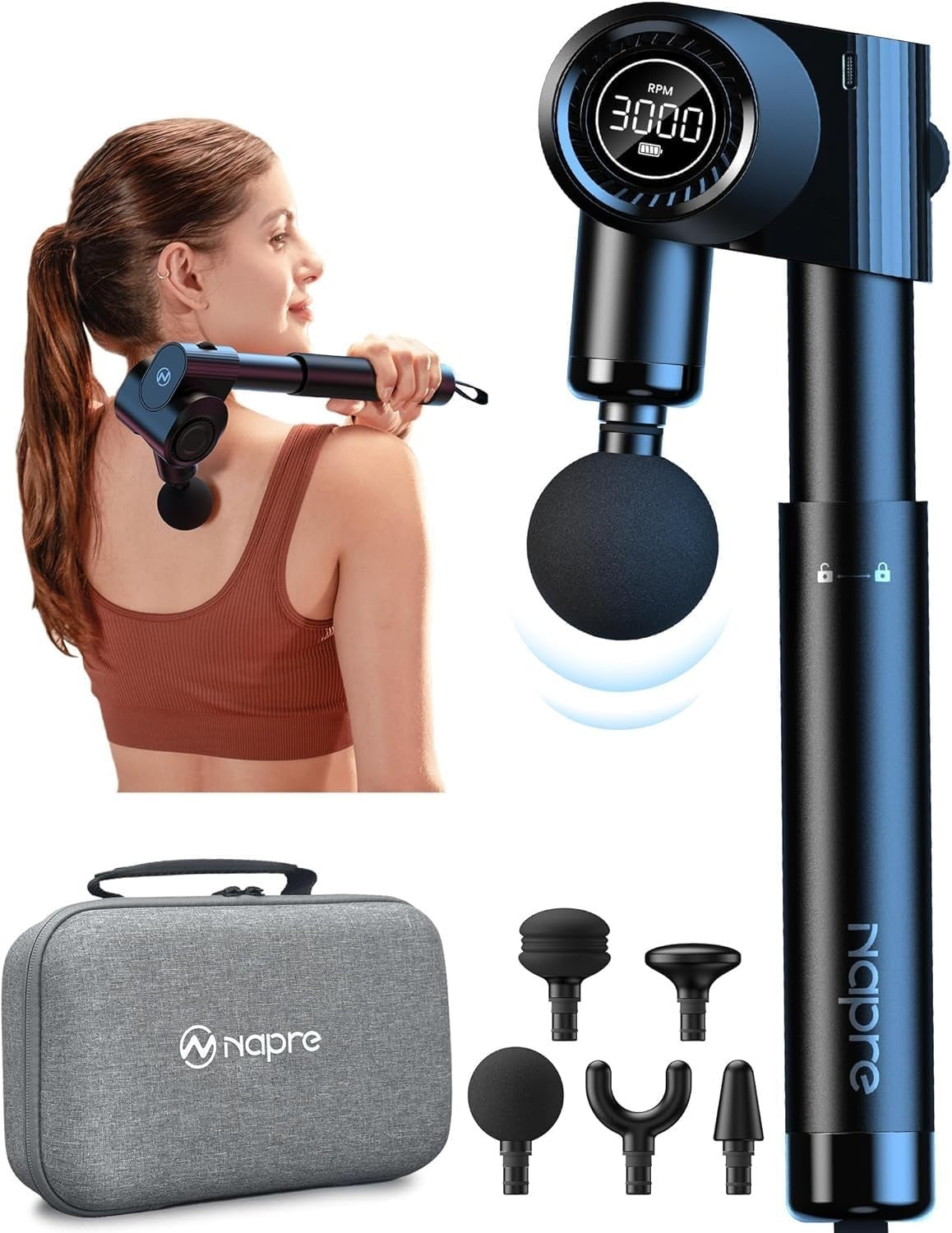 Deep Tissue Massage Gun for Back Pain Relief, 32-Speed, Foldable Arm
