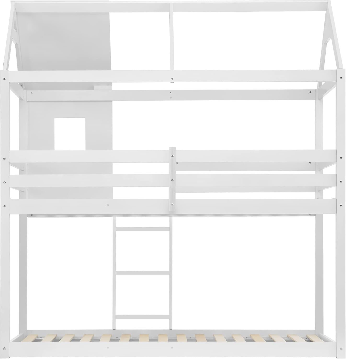 White Kids Bunk Bed w/ Ladder, Roof, Window & Guardrails 90x190cm