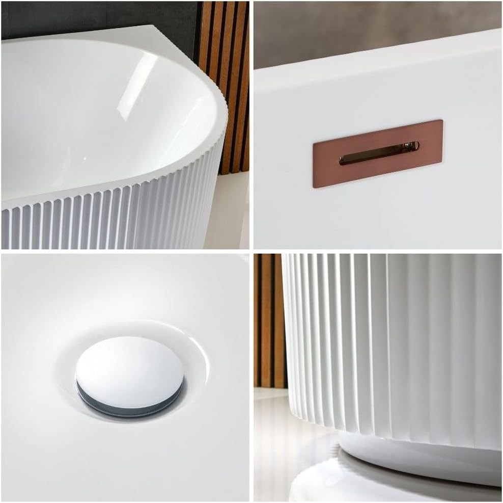 White Left Hand Fluted Corner Bath 1700x800mm Copper Overflow