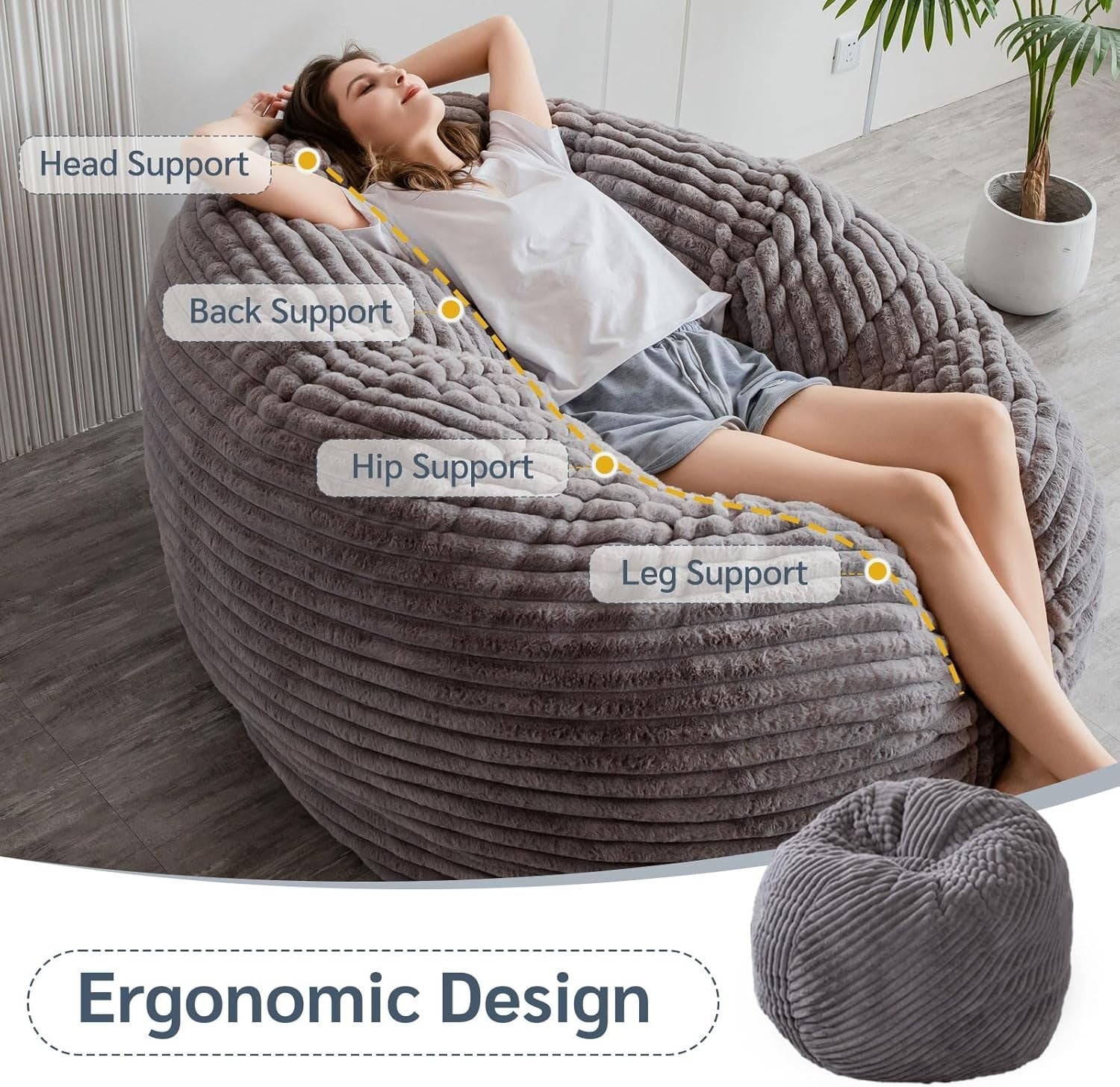 Giant Faux Fur Bean Bag Sofa Chair Bed Grey Adults Couples Lounge Seat
